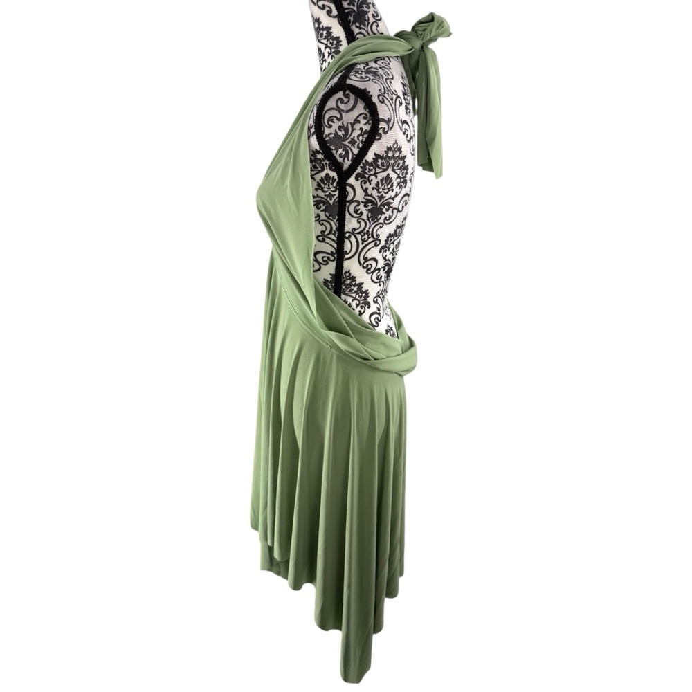 Norma Kamali Convertible Handkerchief Dress Sage Green Multi-Way Halter Cocktail - Picture 7 of 10